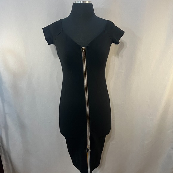 Haute Monde Dresses & Skirts - Haute Monde Bodycon Midi Dress Womens Small Black Cap Sleeve Front Zip V-Neck